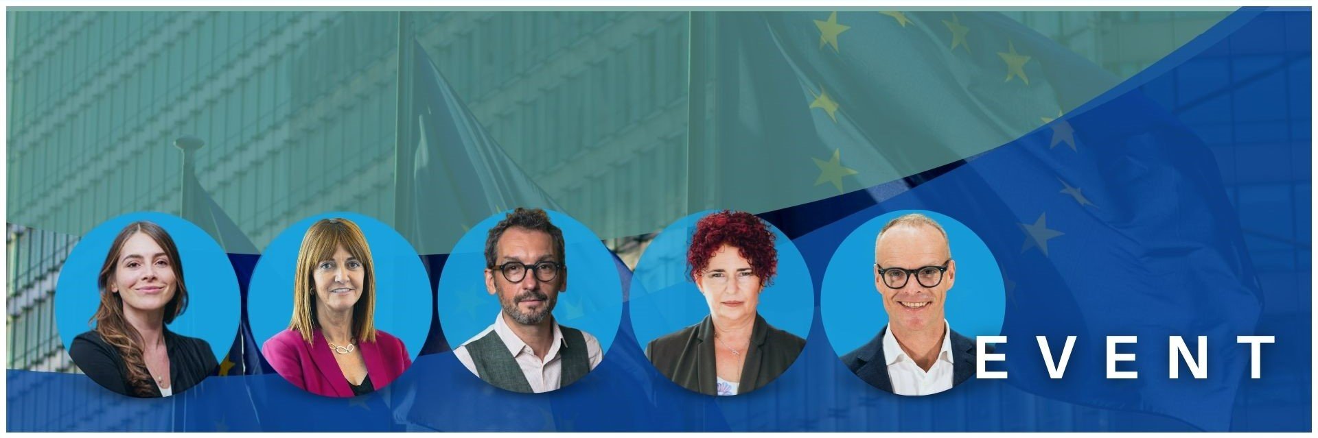 Five portrait images against a background of EU flags, copy reads "Event"