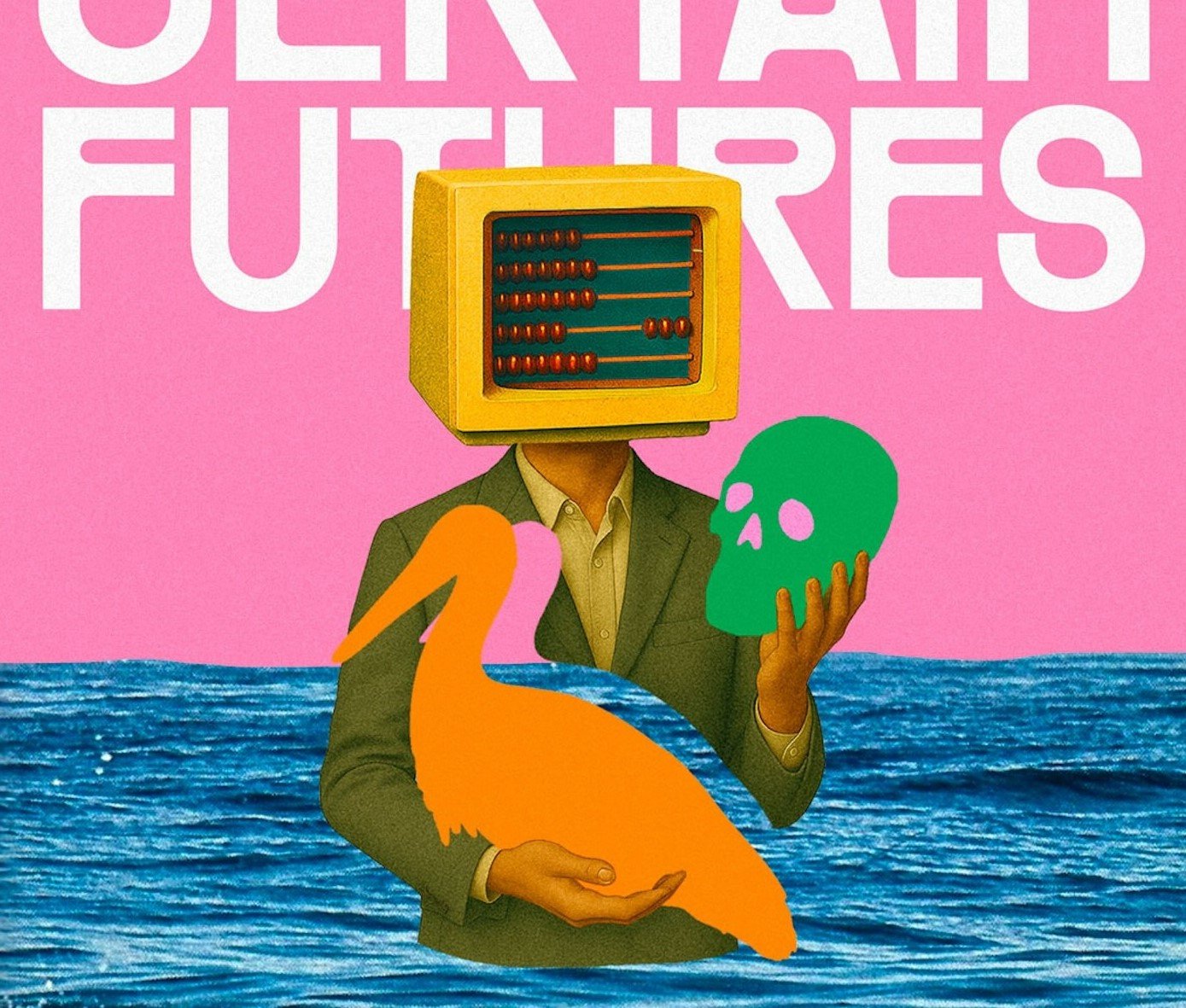 An illustration of a person with an abacus for a head, holding a stork and a skull.