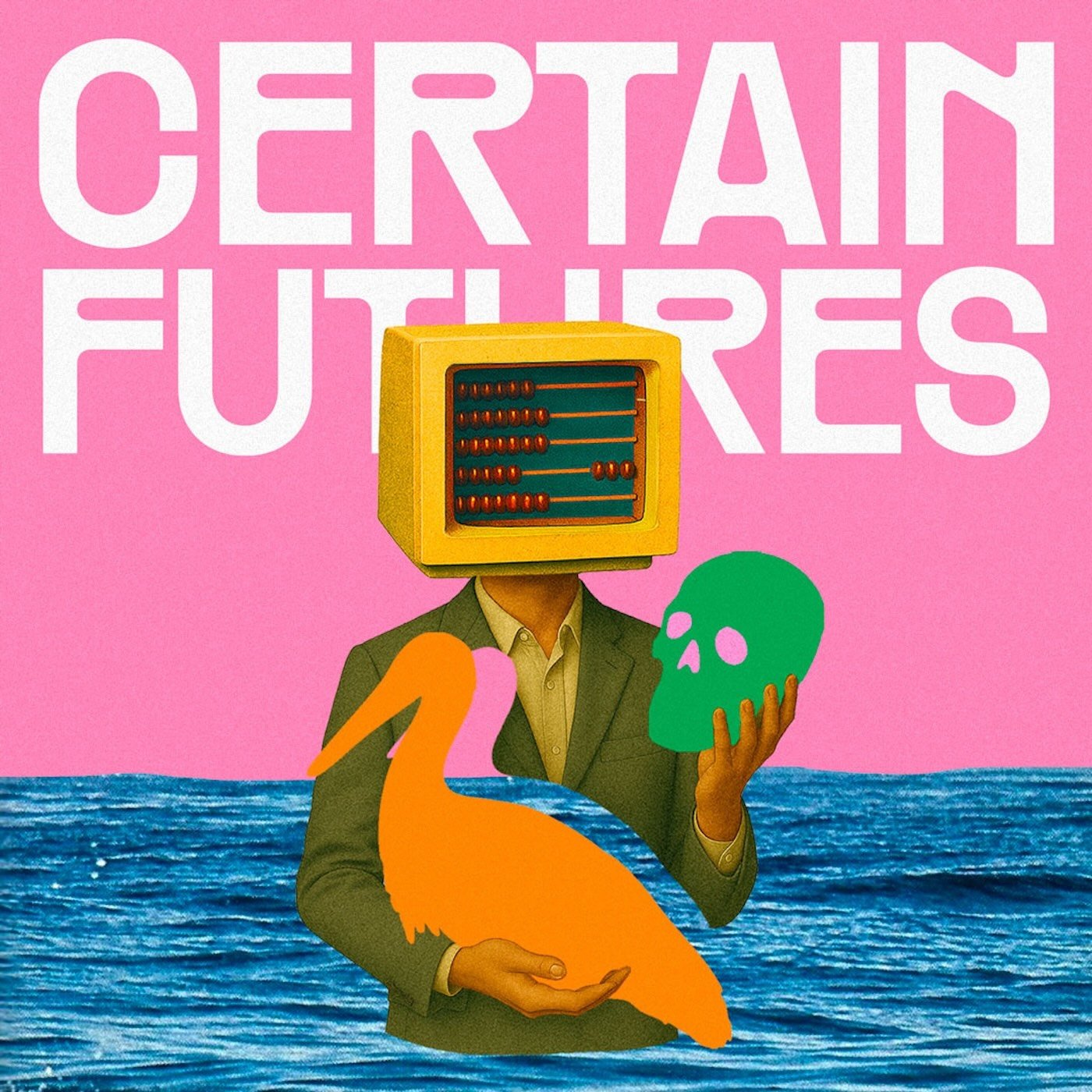 Illustration of a person with an abacus as a head, writing says Certain Futures