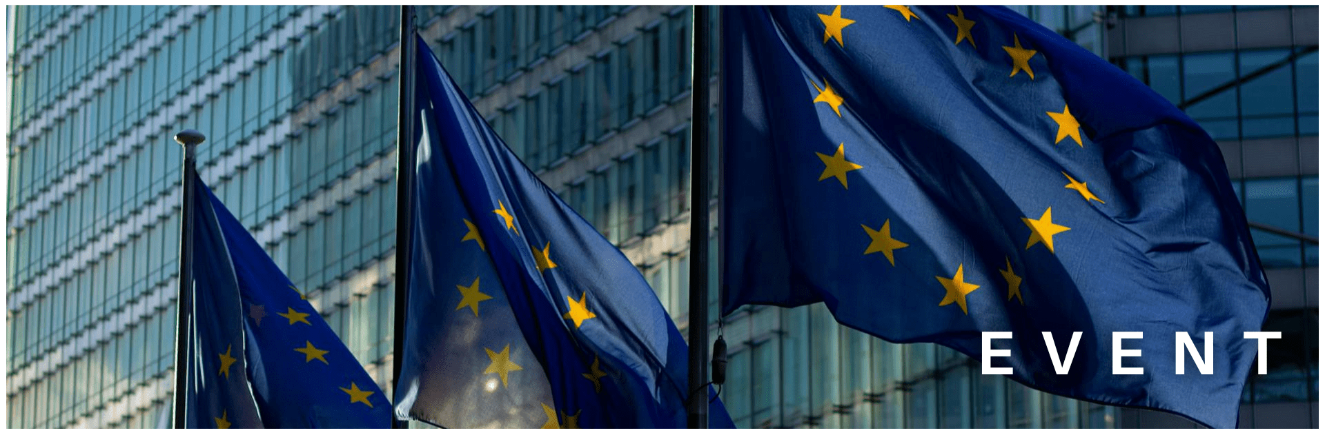 EU flags waving in front of a glass building in low sun. Copy reads: Event