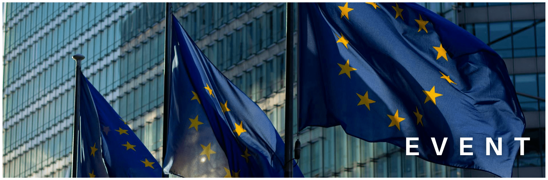 EU flags waving in front of a glass building in low sun. Copy reads: EVENT