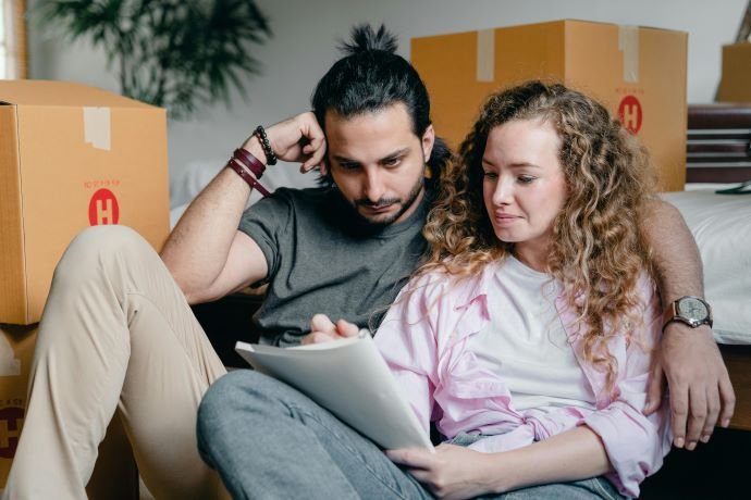 Couple sitting between moving boxes